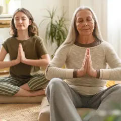 Deux femmes méditent, une jeune et une plus âgée. La méditation peut aider à gérer le stress et la prise de poids liée à la préménopause.