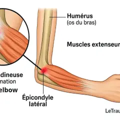 Illustration d'une douleur au coude, montrant une inflammation du tennis elbow sur l'épicondyle latéral, affectant les muscles extenseurs.