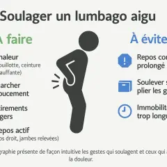 Soulager un lumbago aigu : chaleur, marche douce, étirements légers, repos actif. Éviter repos prolongé, soulever sans plier les genoux, immobilité.