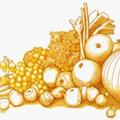 Illustration d'un assortiment de légumes et fruits, dont des oignons, carottes et raisins. Un remède naturel contre les démangeaisons.