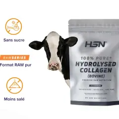 Un sachet de collagène bovin HSN, sans sucre ni sel ajouté, avec une vache en arrière-plan.