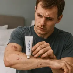 Homme inquiet avec des lésions cutanées sur le bras, tenant un tube de crème. Une solution naturelle pour la tension nerveuse et les problèmes de peau.