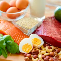 Assortiment d'aliments riches en protéines pour personnes âgées : saumon, bœuf, poulet, œufs, noix, épinards, avocat, quinoa et lait.