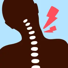 Silhouette d'une personne souffrant d'un torticolis chaud ou froid, avec des éclairs rouges symbolisant la douleur au niveau du cou.