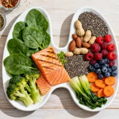 Assiette en forme de poumons avec saumon, épinards, brocolis, fruits rouges, graines de chia, noix et carottes. Une alimentation saine pour le Hashimoto, en évitant certains aliments interdits.