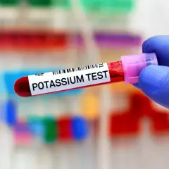 Main tenue un tube de test sanguin étiqueté "POTASSIUM TEST". Un manque de potassium peut être détecté.