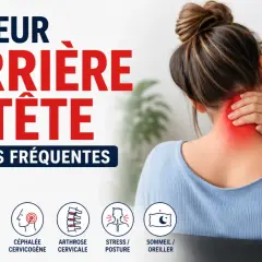 Une femme se tient la nuque, souffrant de mal derrière la tête. L'image liste 10 causes fréquentes de ce mal.