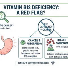 La carence en vitamine B12 peut être un signe de cancer. L'image montre le lien entre la carence en B12, les cancers affectant l'absorption et les symptômes partagés comme la fatigue.