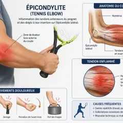 Illustration expliquant l'épicondylite, ou mal au coude droit, avec anatomie, causes et mouvements douloureux.