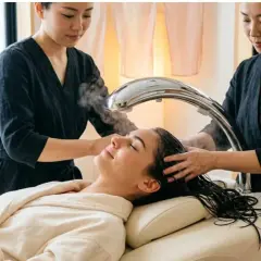 Une femme détendue reçoit un massage cuir chevelu à la vapeur dans un spa, avec deux praticiennes prodiguant des soins.