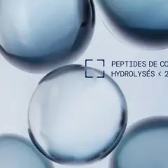 Des sphères bleutées et translucides, évoquant la pureté. Un texte indique : "Peptides de collagène hydrolysés < 2000 Daltons", expliquant c'est quoi le collagène.