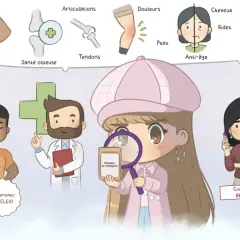 Une jeune femme examine des peptides de collagène avec une loupe, illustrant leurs bienfaits pour la peau, les cheveux, les articulations et la santé osseuse.