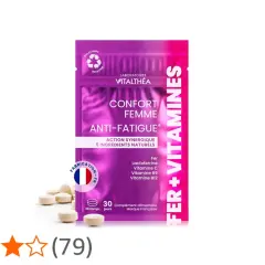 Complément alimentaire "Confort Femme Anti-Fatigue" de Vitalthéa. Idéal pour savoir quelle vitamine quand on a toujours froid, il contient du fer et des vitamines.