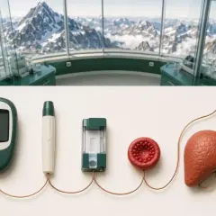 Appareil de mesure de glycémie, lancette, bandelettes, globule rouge et foie, symbolisant comment faire baisser l'hémoglobine glyquée.