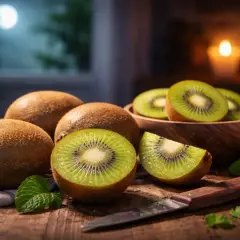 Des kiwis frais coupés et entiers sur une table en bois, avec une bougie allumée et une lune visible par la fenêtre. Parfait pour manger un kiwi le soir.