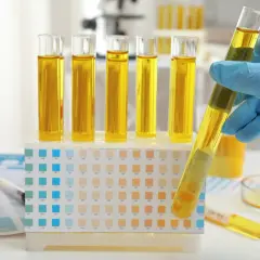 Analyse d'urine en laboratoire. Des éprouvettes remplies d'urine jaune sont dans un support, à côté d'une bandelette réactive. Cela peut aider à comprendre combien de fois uriner par jour.