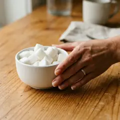 Main tenant une coupe de sucre, une main se prépare à comment se sevrer du sucre.