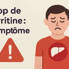 Un homme triste avec un symbole de foie sur son t-shirt. Le texte indique "Trop de ferritine : symptôme" et un panneau d'avertissement.