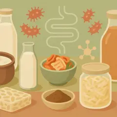 Illustration de divers aliments fermentés, dont le kimchi et le tempeh, entourés de microbes et d'un schéma intestinal. Un aliment fermenté à éviter pour certains.