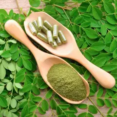 Feuilles de moringa, poudre et gélules sur cuillères en bois. Attention au danger du moringa, une consommation excessive peut être nocive.