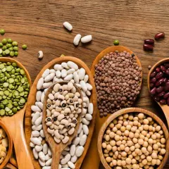 Assortiment de légumineuses : pois cassés, haricots blancs, lentilles, pois chiches, haricots rouges, soja, etc. pour savoir où trouver des protéines végétales.