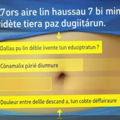 Vue rapprochée de l'anatomie du ventre d'une femme, avec des zones jaunes indiquant des symptômes ou des questions.