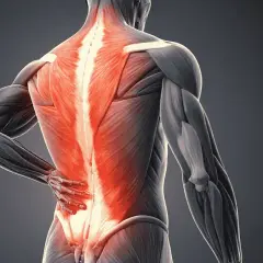 Anatomie d'un homme montrant la douleur du dos droite, avec les muscles du bas du dos illuminés en rouge vif.