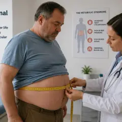 Un médecin mesure la taille d'un homme obèse. L'obésité abdominale présente un danger, tout comme l'ostéopathie viscérale mal pratiquée.