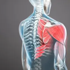 Vue anatomique du dos montrant une contracture trapèze qui ne passe pas, avec les muscles en rouge vif.