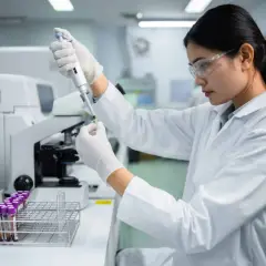 Chercheuse en blouse blanche manipulant un échantillon, surveillant les résultats d'analyse qui pourraient indiquer un taux de lipase élevé et de la fatigue.