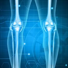 Anatomie des genoux bleus lumineux sur fond technologique. Aide à visualiser la douleur hanche et genou marche.