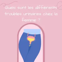 Illustration d'une vessie et de voies urinaires chez la femme, avec des gouttes tombant. Le texte demande : "Quels sont les différents troubles urinaires chez la femme ?". Parfois, il faut pousser pour uriner.