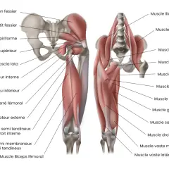 Anatomie du muscle cuisse avant, montrant les muscles fessiers, adducteurs et quadriceps.