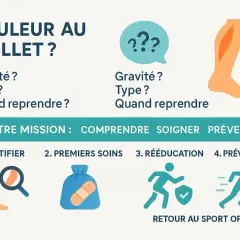 Schéma sur la douleur au mollet : identifier, premiers soins, rééducation, prévention. Notre mission : comprendre, soigner, prévenir.