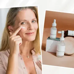 Une femme applique une crème, un geste pour une peau éclatante. À côté, des flacons de sérum, peut-être riches en vitamine A pour la peau.
