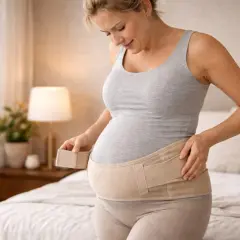 Femme enceinte ajustant sa ceinture de grossesse. Elle se demande à partir de quel mois l'utiliser pour soulager son dos.