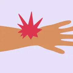 Main gauche blessée, une étoile rouge symbolise la douleur au doigt majeur.