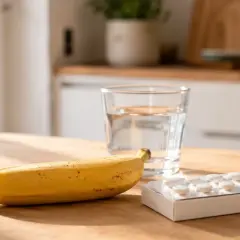 Une banane, un verre d'eau et une plaquette d'anticoagulant sur une table en bois.
