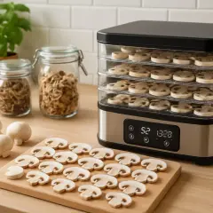 Champignons tranchés dans un déshydrateur, prêts à être séchés. Une astuce pour savoir comment se réhydrater : ajoutez-les à vos plats.
