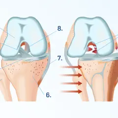 Illustration du genou montrant une déchirure ligamentaire interne. Aide à comprendre comment soigner douleur genou interne.