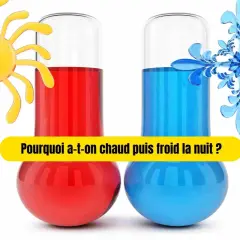 Soleil et flocon symbolisent le chaud et le froid. Deux thermomètres, l'un rouge, l'autre bleu, illustrent le changement de température. Pourquoi j'ai froid le soir ?