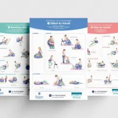 Illustrations de différentes positions physiologiques d'accouchement : travail, début du travail, mise au monde.