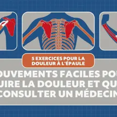 Illustrations anatomiques montrant des muscles et des os de l'épaule, avec le titre "5 exercices pour la douleur à l'épaule". Idéal pour un exercice mobilité épaule.