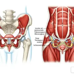 Anatomie du pelvis : le muscle ischio-caverneux, partie du plancher pelvien, est visible avec d'autres muscles et organes.