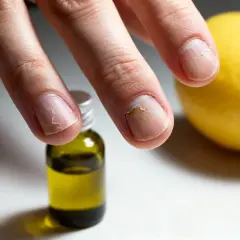 Main abîmés, un flacon d'huile et un citron, symboles d'un aliment bon pour les cheveux et ongles.