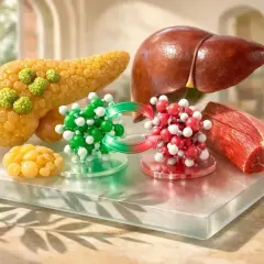 Pancréas, foie, muscle et molécules représentant l'insuline et le glucose. Illustration pour un indice HOMA élevé et son traitement.