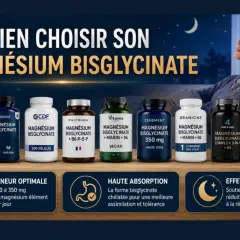 Choix de magnésium bisglycinate : une femme détendue, plusieurs marques de compléments, et les bienfaits pour le sommeil et le stress.