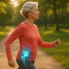 Femme âgée marchant dans un parc, une visualisation de la douleur fessier course à pied sur sa hanche.