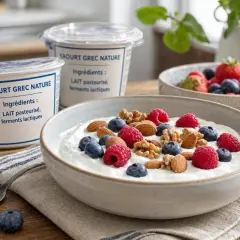 Un bol de yaourt grec nature, garni de framboises, myrtilles et amandes. Parfait pour un petit-déjeuner riche en protéine.