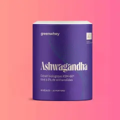 Flacon d'Ashwagandha Greenwhey. La question "ashwagandha interdit en France pourquoi" suscite des débats sur sa réglementation.